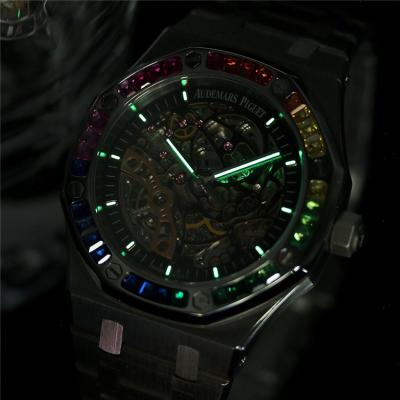 Replica Royal Oak 15407 Rainbow Diamond Bezel Skeleton Dial Stainless Steel Bracelet E207