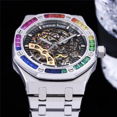 Replica Royal Oak 15407 Rainbow Diamond Bezel Skeleton Dial Stainless Steel Bracelet E207