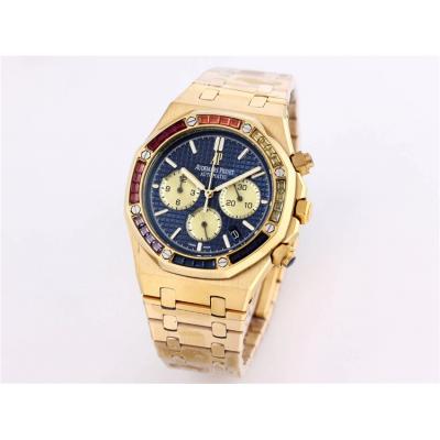 Replica  Royal Oak Japan  Quartz chronograph  Movement Mens Watch Blue Dial  Yellow Gold A A01