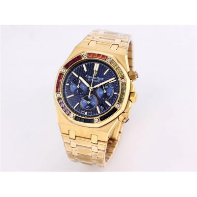 Replica  Royal Oak Japan  Quartz chronograph  Movement Mens Watch Blue Dial  Yellow Gold A A01