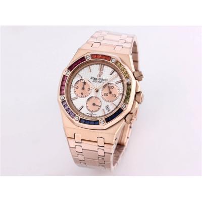 Replica  Royal Oak Japan  Quartz chronograph  Movement Mens Watch  Black Dial  Rose  Gold B A01