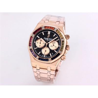 Replica  Royal Oak Japan  Quartz chronograph  Movement Mens Watch  Black Dial  Rose  Gold B A01