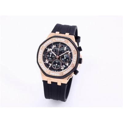 Replica  Royal Oak Japan Quartz chronograph Movement Womens Watch Black Dial Rubber Strap  A07