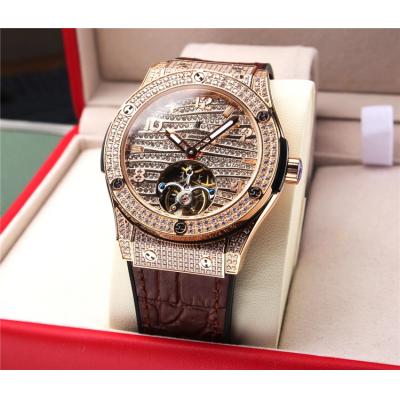 Replica Big Bang A21J  Automatic Movement Mens Watch Full Diamonds Tourbillon Dial Leather Strap G72