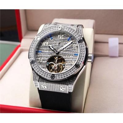 Replica Big Bang A21J  Automatic Movement Mens Watch Full Diamonds Tourbillon Dial Leather Strap G72