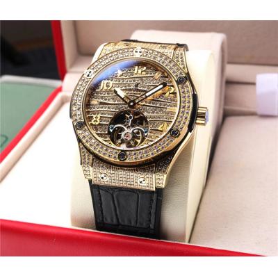 Replica Big Bang A21J  Automatic Movement Mens Watch Full Diamonds Tourbillon Dial Leather Strap G72