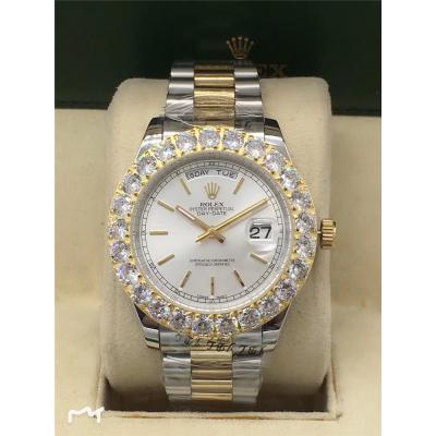 Replica Day-Date A2813 Automatic Movement Mens Watch White Dial Oyster Bracelet Two Tone Yellow Gold E20