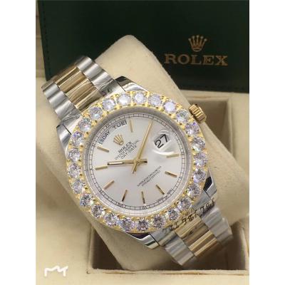 Replica Day-Date A2813 Automatic Movement Mens Watch White Dial Oyster Bracelet Two Tone Yellow Gold E20