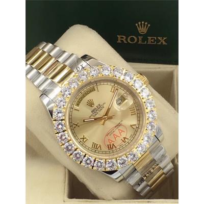 Replica Day-Date A2813 Automatic Movement Mens Watch White Dial Oyster Bracelet Two Tone Yellow Gold E20