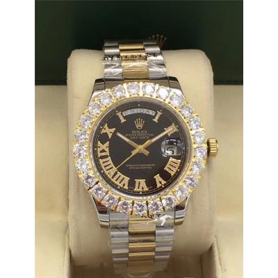 Replica  Day-Date A21j Automatic Movement Mens Watch Black Dial Oyster Bracelet Two Tone Yellow Gold E26