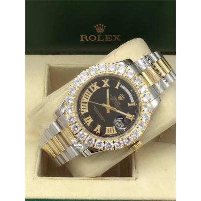 Replica  Day-Date A21j Automatic Movement Mens Watch Black Dial Oyster Bracelet Two Tone Yellow Gold E26