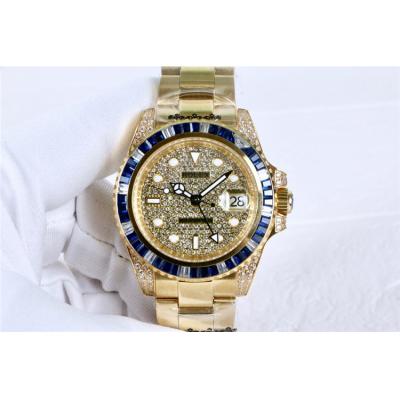 Replica GMT-MASTER A21J Automatic Movement Mens Watch Full Diamonds Dial Oyster Bracelet Yellow Gold E40