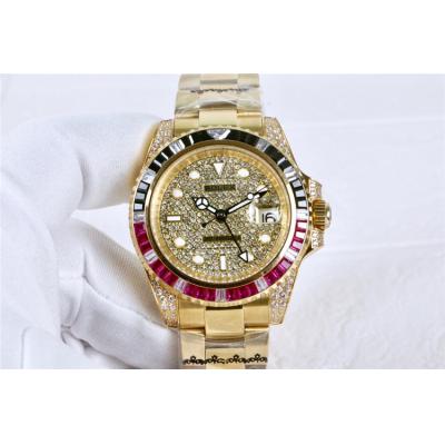 Replica GMT-MASTER A21J Automatic Movement Mens Watch Full Diamonds Dial Oyster Bracelet Yellow Gold E40