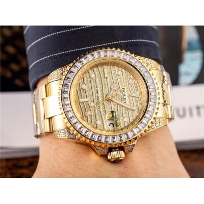 Replica  GMT-Master II  A2813 Automatic  Mens Watch Full Diamonds Dial Oyster Bracelet Yellow Gold E43