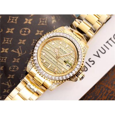 Replica  GMT-Master II  A2813 Automatic  Mens Watch Full Diamonds Dial Oyster Bracelet Yellow Gold E43