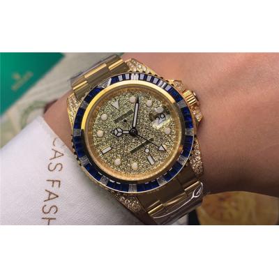 Replica GMT-Master II   A21J Automatic Mens Watch Full Diamonds Dial Oyster Bracelet Yellow Gold  E83