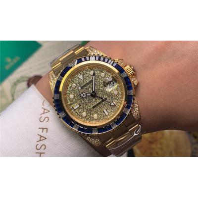 Replica GMT-Master II   A21J Automatic Mens Watch Full Diamonds Dial Oyster Bracelet Yellow Gold  E83