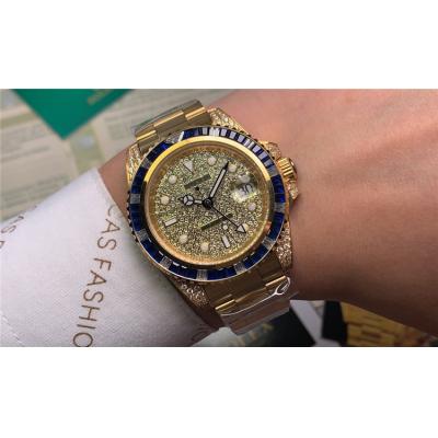 Replica GMT-Master II   A21J Automatic Mens Watch Full Diamonds Dial Oyster Bracelet Yellow Gold  E83