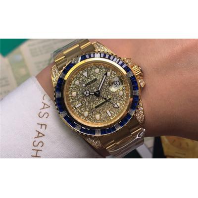 Replica GMT-Master II   A21J Automatic Mens Watch Full Diamonds Dial Oyster Bracelet Yellow Gold  E83