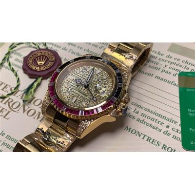 Replica GMT-Master II   A21J Automatic Mens Watch Full Diamonds Dial Oyster Bracelet Yellow Gold E94