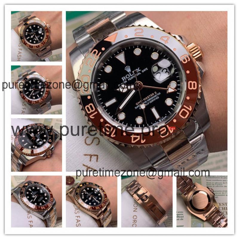 Replica GMT-Master II A21J Automatic  Mens Watch Black Dial Oyster Bracelet  Two Tone Rose Gold E109