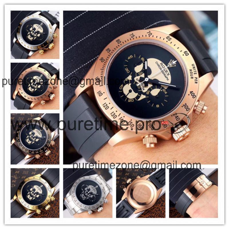 Replica Cosmograph Daytona Japan Quartz Chronograph Mens Watch  Skull Graffiti Dial Rubber Strap E132