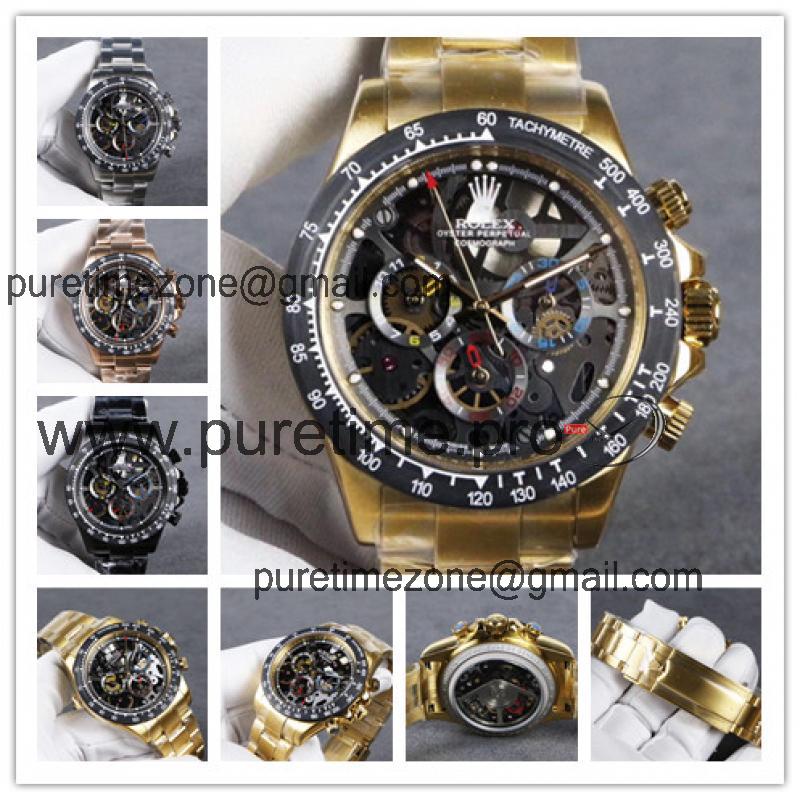 Replica Cosmograph Daytona A21J Automatic  Mens Watch Skeleton Dial Oyster Bracelet Yellow Gold B E140