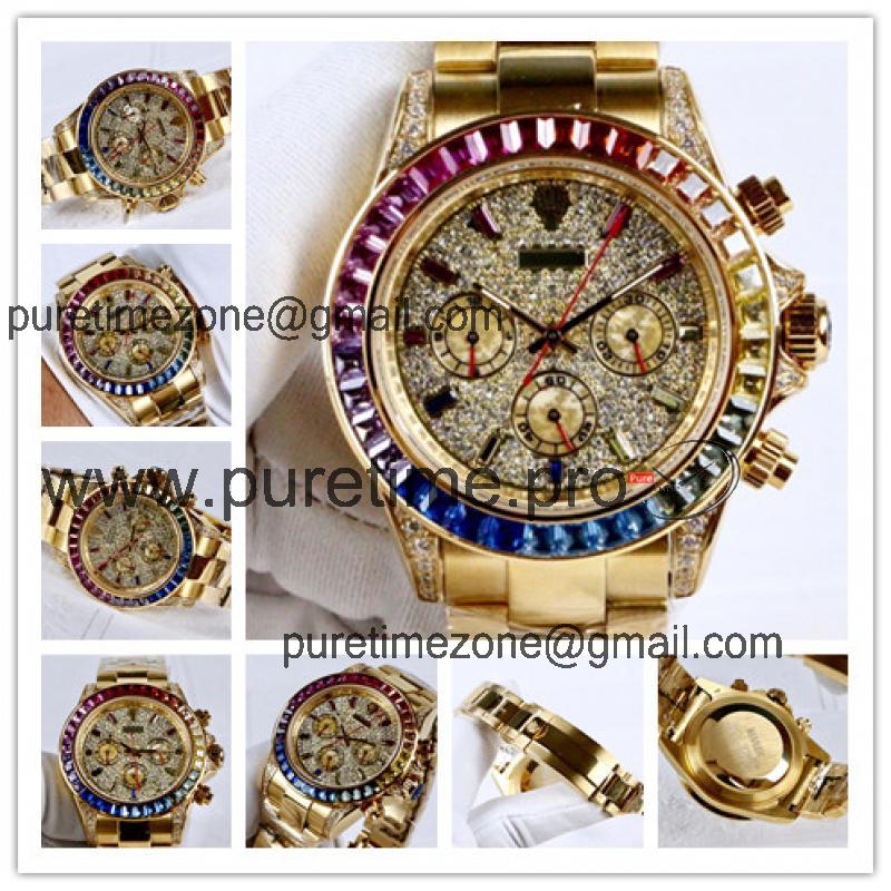 Replica Cosmograph Daytona A21J Automatic  Mens Watch Full Diamonds Dial Oyster Bracelet Yellow Gold E160