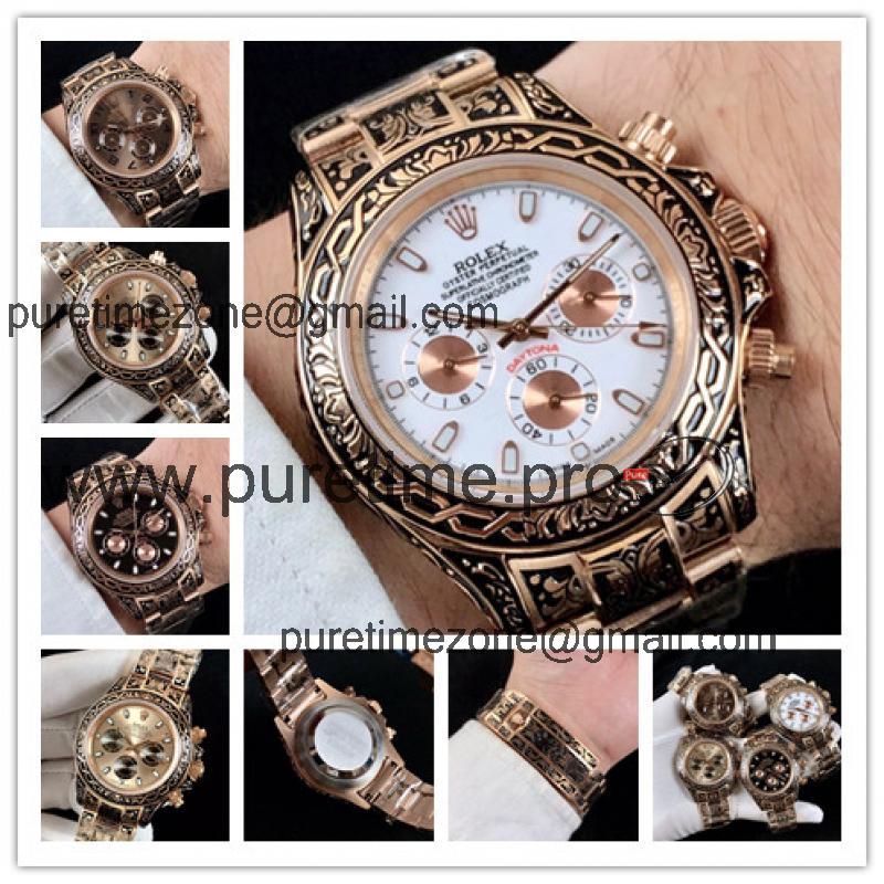 Replica Cosmograph Daytona A21J Automatic  Mens Watch White Dial Vintage Engraving Bracelet Rose Gold C E168