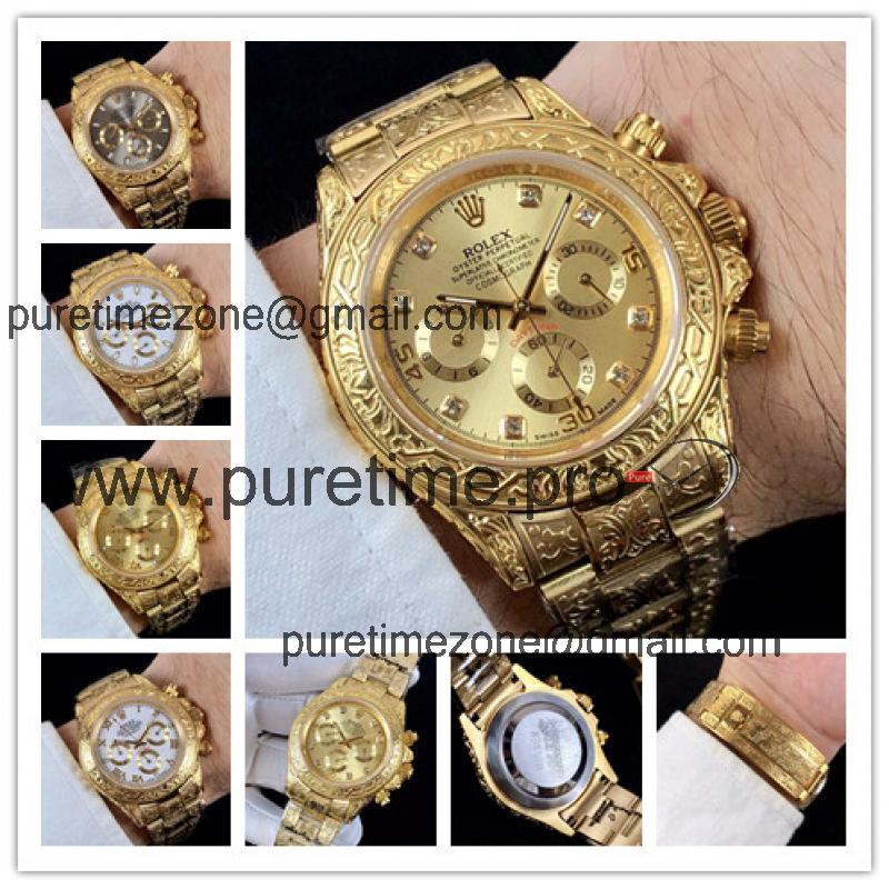 Replica Cosmograph Daytona A21J Automatic  Mens Watch Gold Dial Vintage Engraving Bracelet Yellow Gold F E168