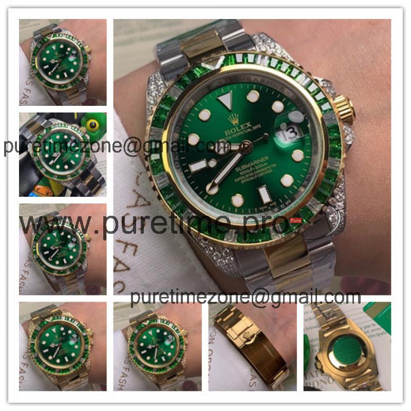 Replica Submariner A21J Automatic Movement Mens Watch Green Dial Oyster Bracelet Yellow Gold E245