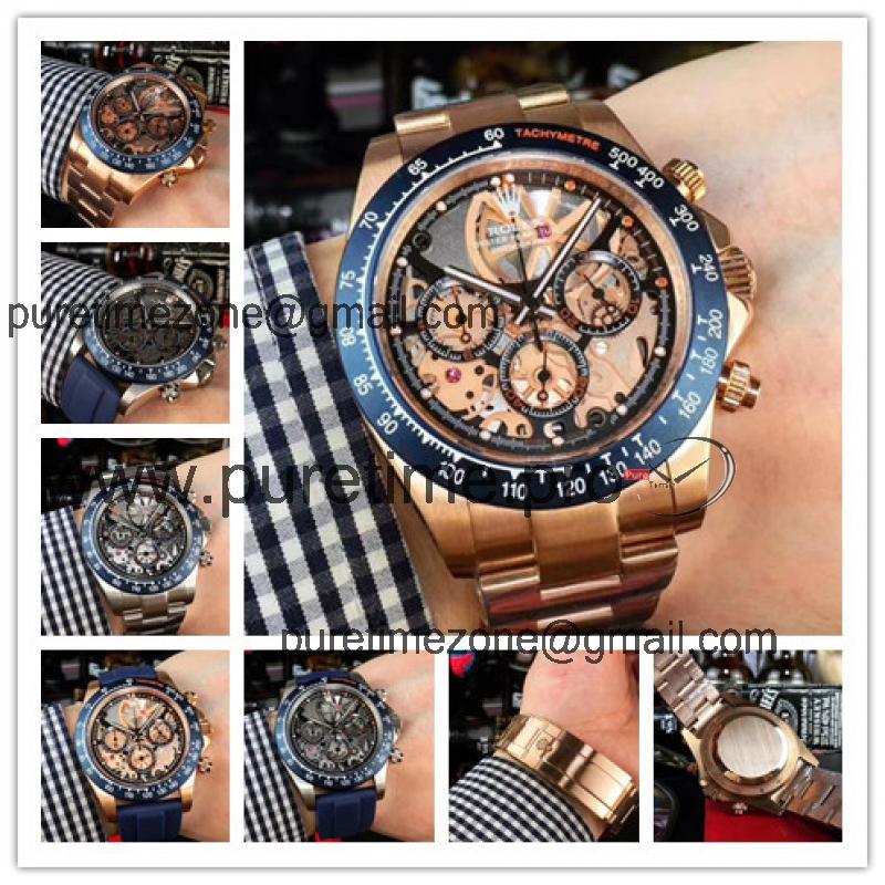 Replica Cosmograph Daytona Japan Quartz Chronograph Mens Watch Skeleton Dial Oyster Bracelet Rose Gold E276