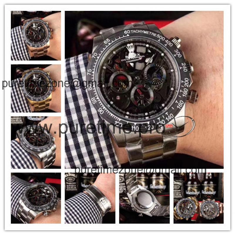 Replica Cosmograph Daytona A21j Automatic Movement Mens Watch Skeleton Dial Oyster Bracelet SS E288