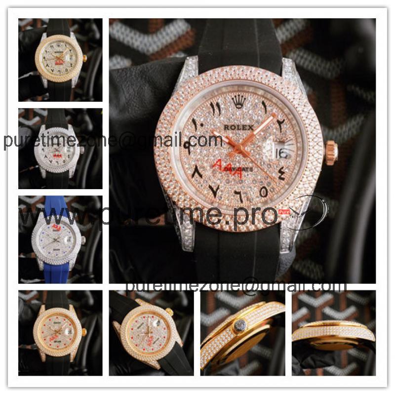 Replica Day-Date A21j Automatic Movement Mens Watch Full Diamonds Dial Rubber Strap E295