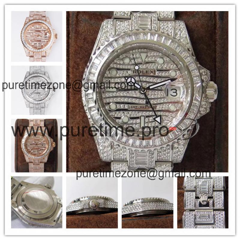 Replica GMT-Master II A2824 Automatic Movement Mens Watch Full Diamonds Dial Oyster Bracelet SS E335