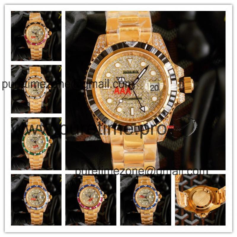 Replica GMT-Master II A21 Automatic Mens Watch Full Diamonds Dial Oyster Bracelet Yellow Gold A E380