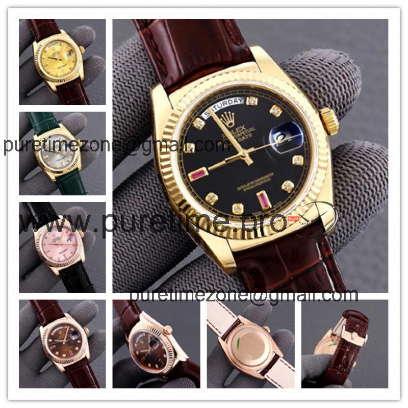 Replica  Day-Date A2836 Automatic Movement Mens Watch Black Dial Leather Strap B E402