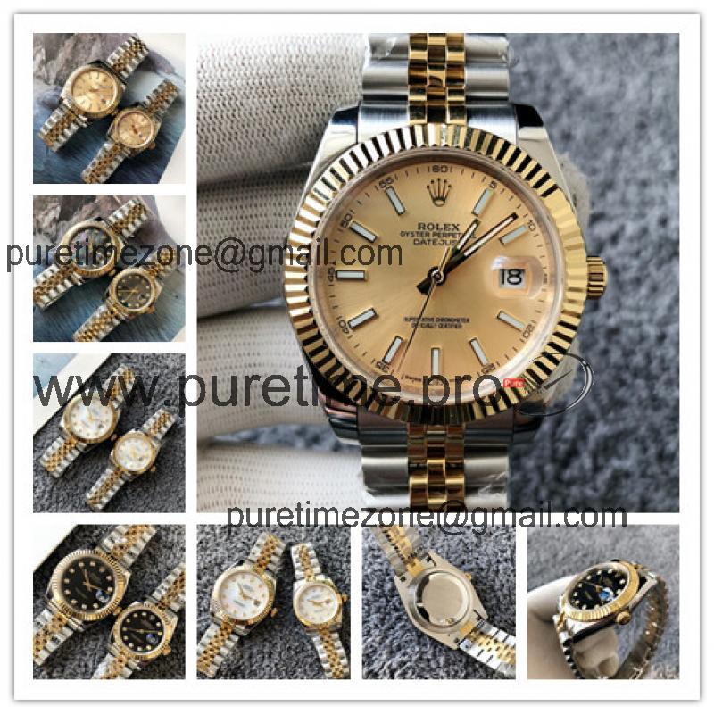 Replica Datejust Japan Miyota 8215 Automatic Couple watch Gold Dial Jubilee Bracelet Two Tone Yellow Gold E405