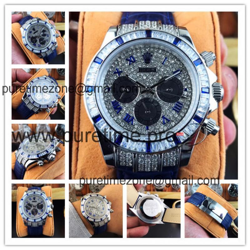 Replica Cosmograph Daytona A21J Automatic Mens Watch Full Diamonds Dial Leather Strap B242