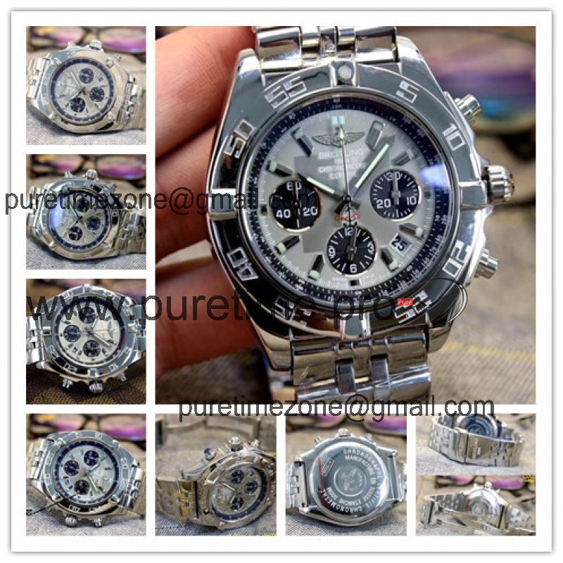 Replica Chronomat Japan Quartz Chronograph  Mens Watch Gray Dial Jubilee Bracelet SS C12