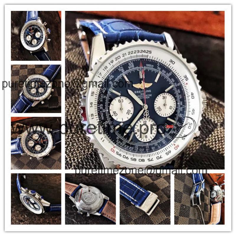 Replica Navitimer Japan Quartz Chronograph  Mens Watch Blue Dial Leather Strap C37