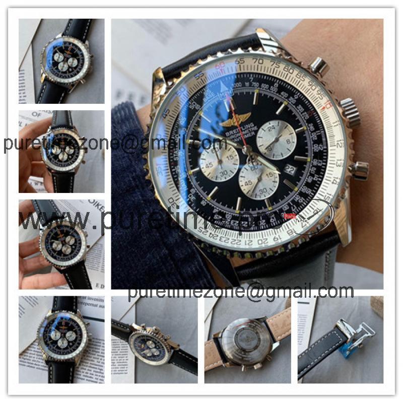 Replica Navitimer Japan Quartz Chronograph Mens Watch Black Dial Leather Strap C48