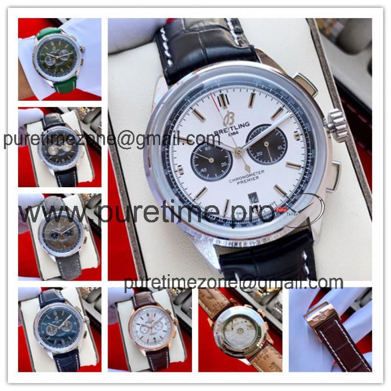 Replica Premier Japan Quartz Chronograph Mens Watch White Dial Leather Strap C125