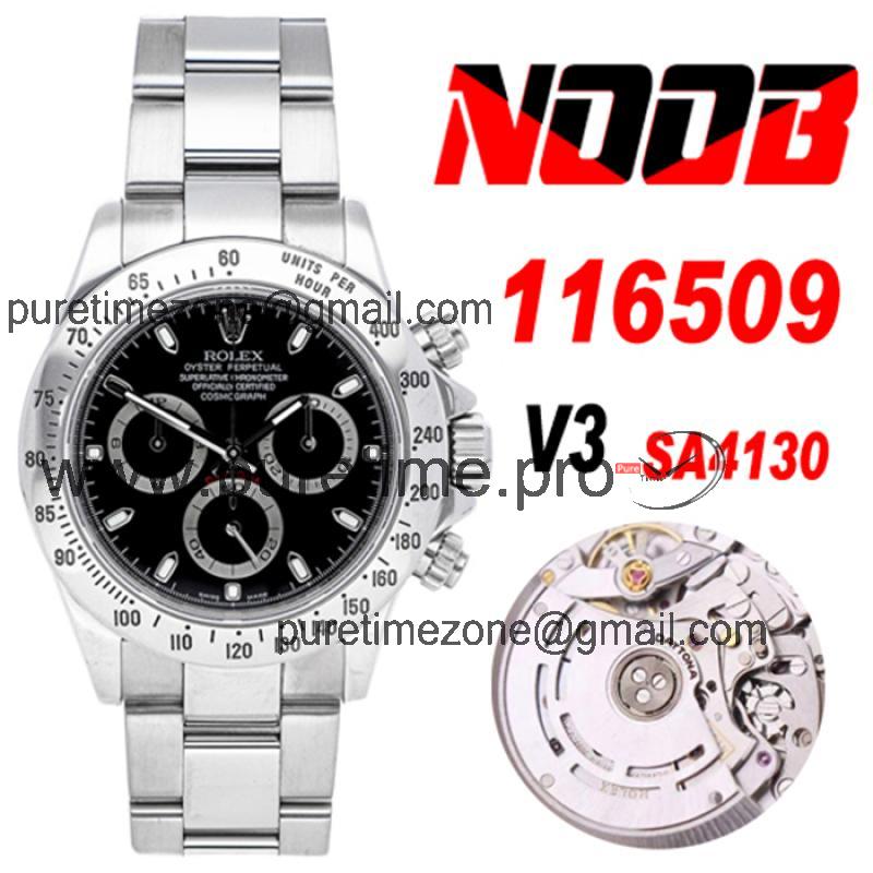 Daytona 116508 SA4130 Automatic Chronograph Mens Watch Best Edition NOOB V3 Black Dial 904L SS Bracelet CHS