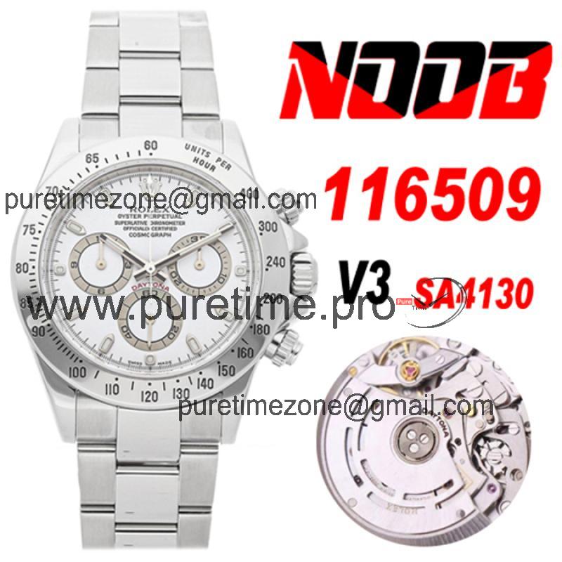 Daytona 116508 SA4130 Automatic Chronograph Mens Watch Best Edition NOOB V3 White Dial 904L SS Bracelet CHS