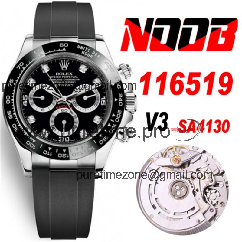 Daytona 116519 SA4130 Automatic Chronograph Mens Watch Best Edition NOOB V3 Black Diamonds Dial Oysterflex Rubber CHS