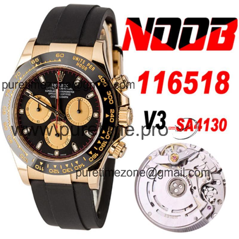 Daytona 116518 SA4130 Automatic Chronograph Mens Watch Best Edition NOOB V3 YG Black Dial Oysterflex Rubber CHS