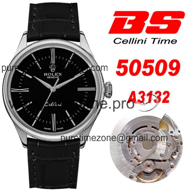 BSF Cellini Time 50509 A3132 Automatic Mens Watch Black Dial Leather Strap Best Edition