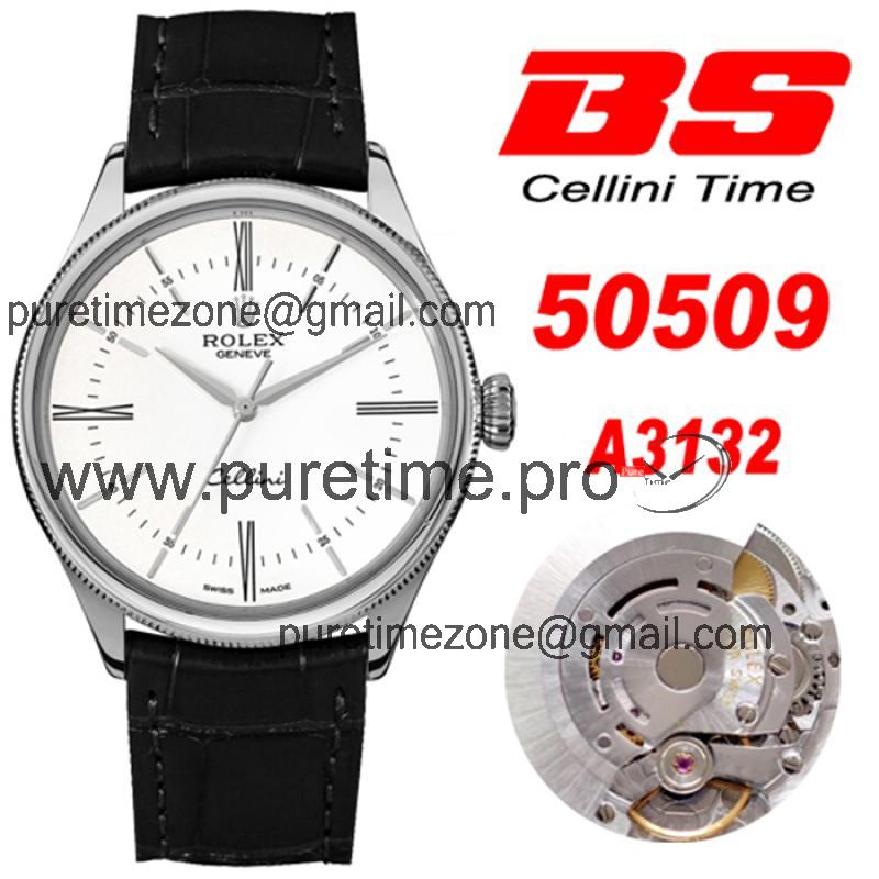 BSF Cellini Time 50509 A3132 Automatic Mens Watch White Dial Leather Strap Best Edition