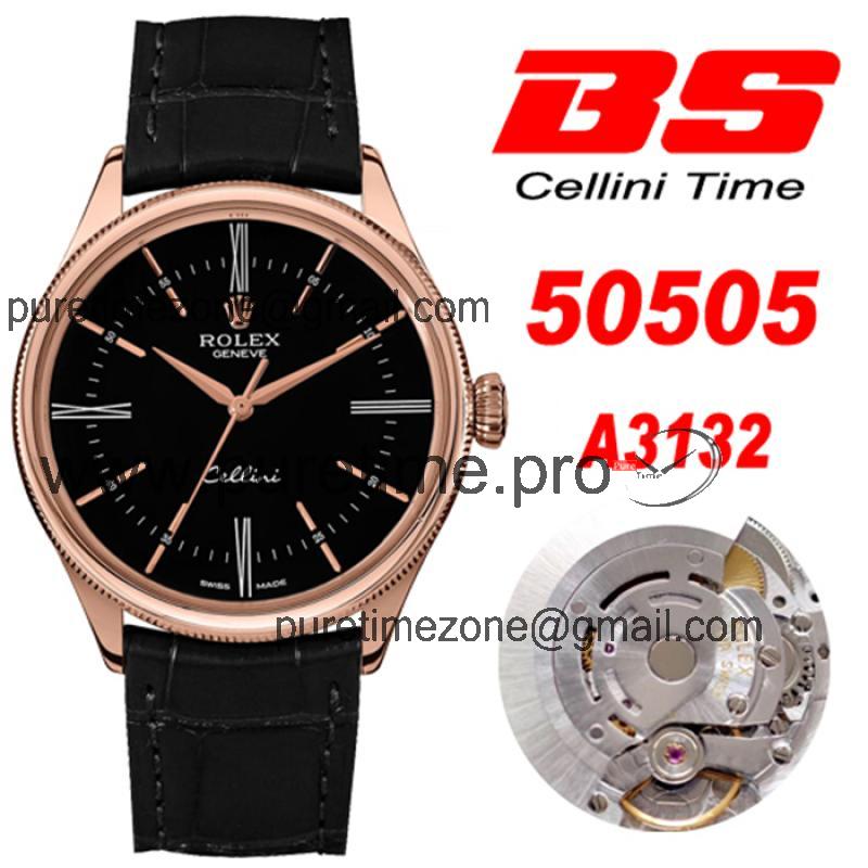 BSF Cellini Time 50505 A3132 Automatic Mens Watch Rose Gold Black Dial Leather Strap Best Edition